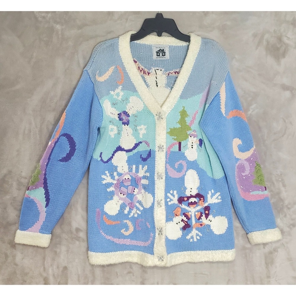 Vintage Storybook Knits Snowman Embroidered Winter Cardigan Sweater Size L READ